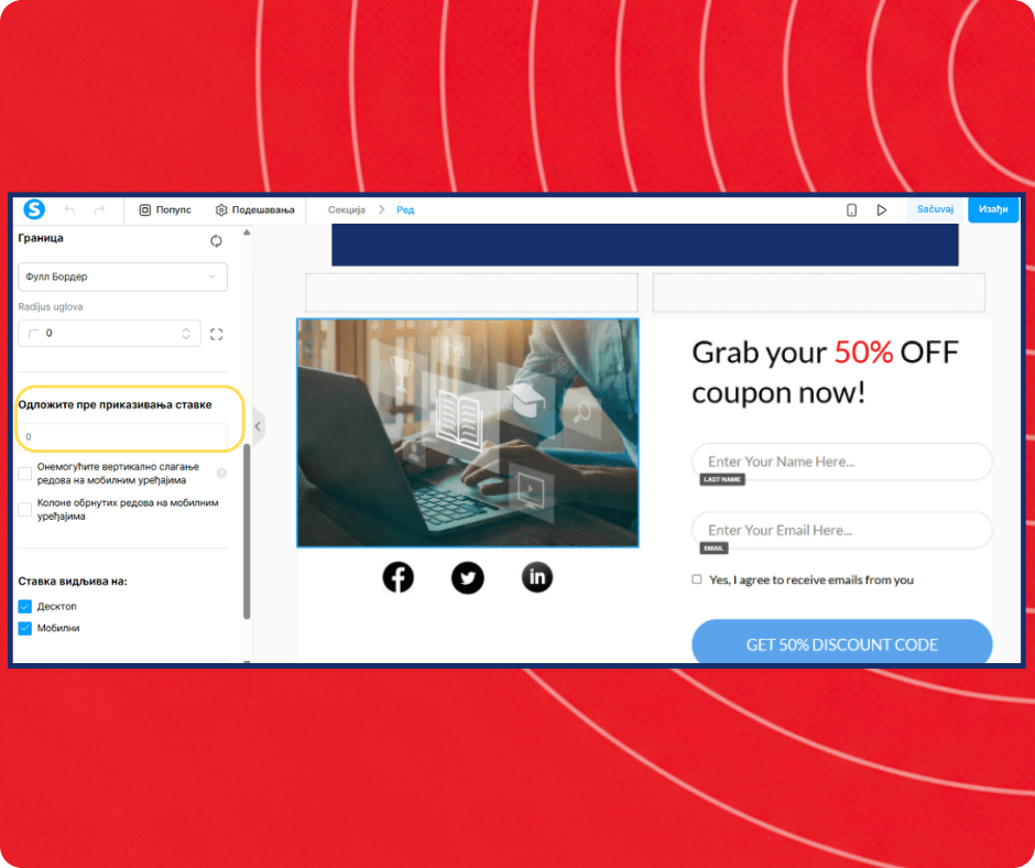 Popup editor in systeme.io with display delay settings, visual customization options, and lead capture form for promoting discounts and collecting emails.