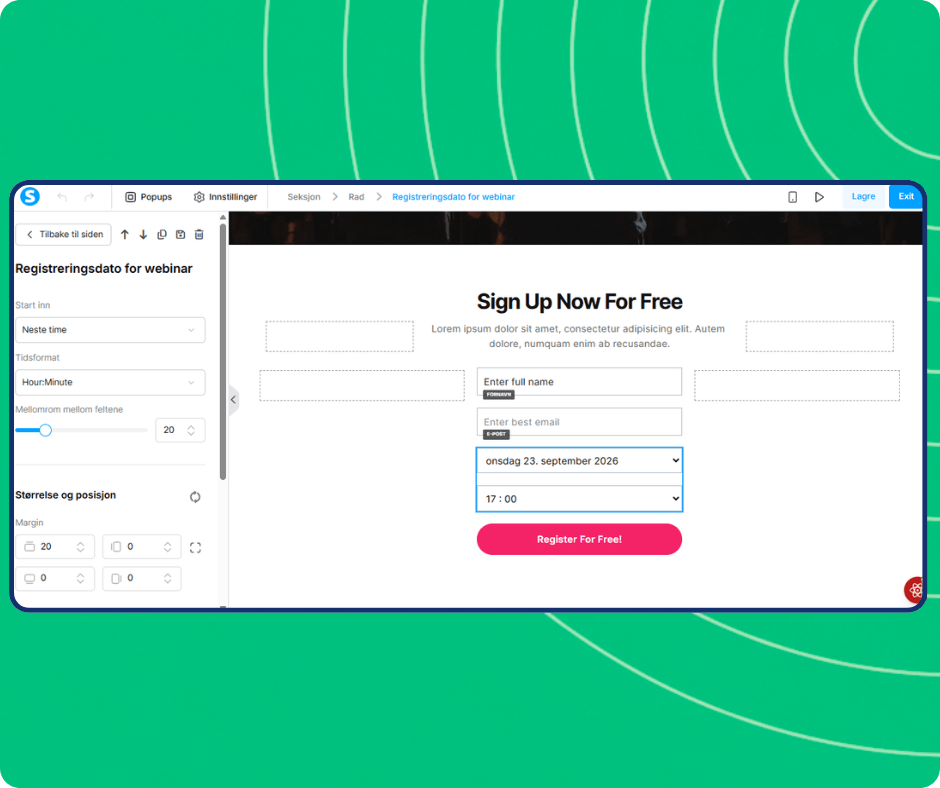Webinar registration date editor in systeme.io with scheduled session selection, time formatting options, and customizable registration form for capturing attendee details.