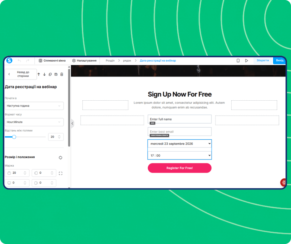 Webinar registration date editor in systeme.io with scheduled session selection, time formatting options, and customizable registration form for capturing attendee details.