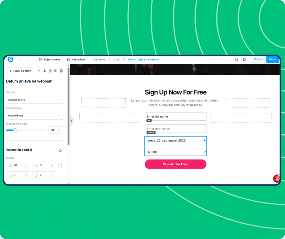 Webinar registration date editor in systeme.io with scheduled session selection, time formatting options, and customizable registration form for capturing attendee details.