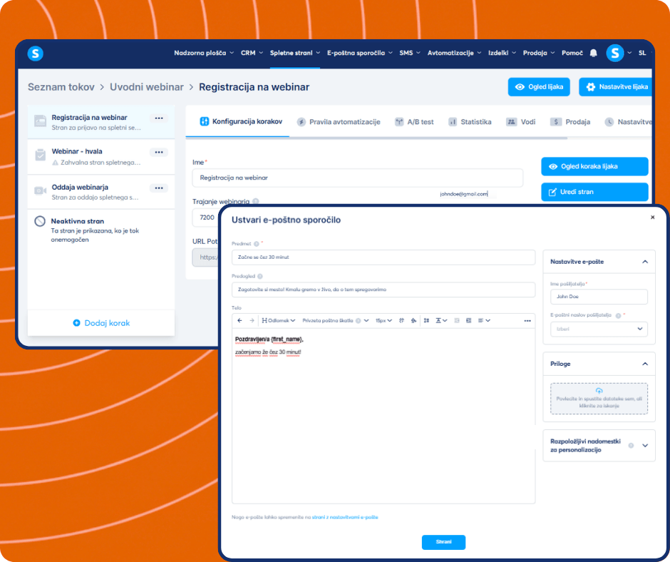Webinar email editor in systeme.io with funnel step navigation, email content customization, scheduling settings, and automation-based trigger configuration.