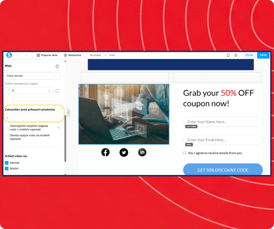 Popup editor in systeme.io with display delay settings, visual customization options, and lead capture form for promoting discounts and collecting emails.
