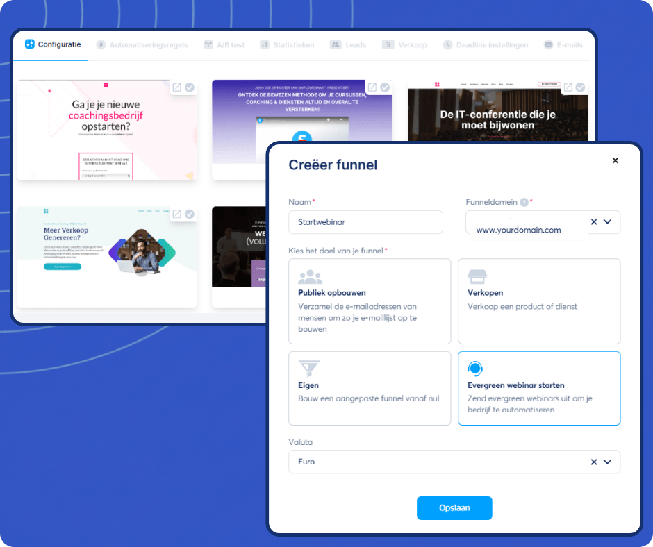 Create funnel interface in systeme.io with goal selection options, domain setup, and template previews for building marketing funnels.