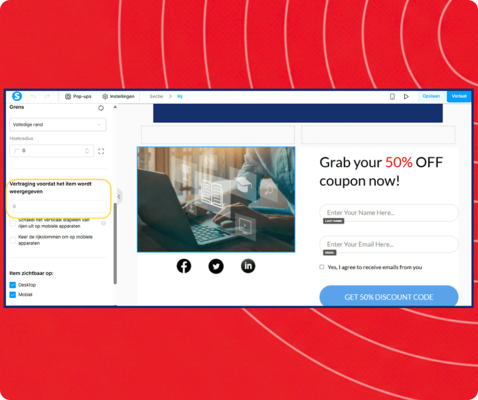 Popup editor in systeme.io with display delay settings, visual customization options, and lead capture form for promoting discounts and collecting emails.