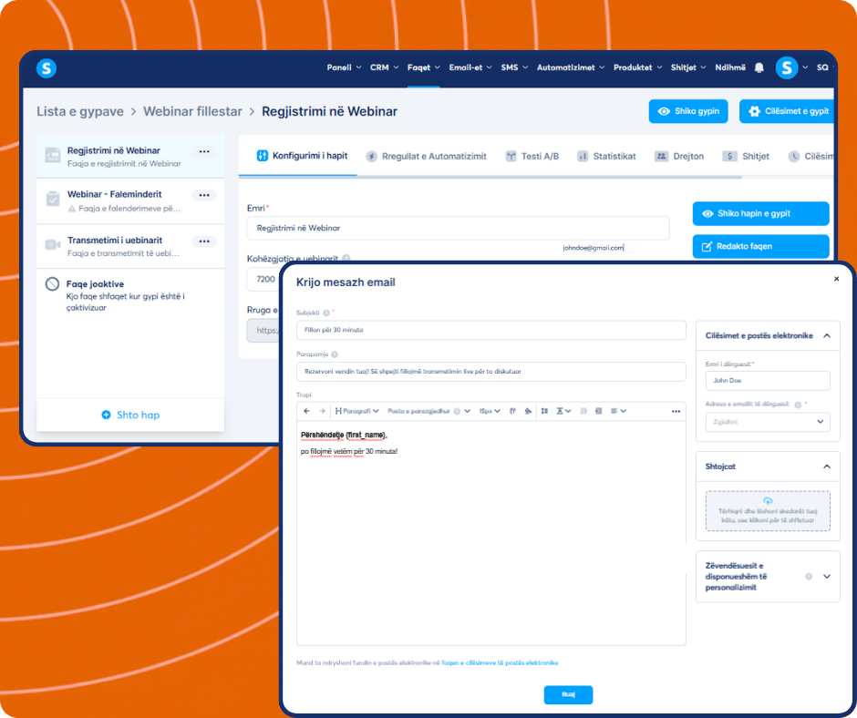 Webinar email editor in systeme.io with funnel step navigation, email content customization, scheduling settings, and automation-based trigger configuration.