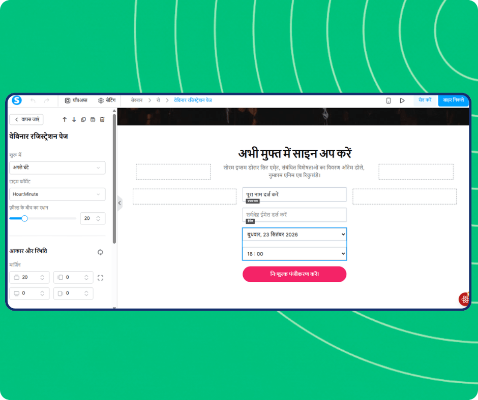 Webinar registration date editor in systeme.io with scheduled session selection, time formatting options, and customizable registration form for capturing attendee details.