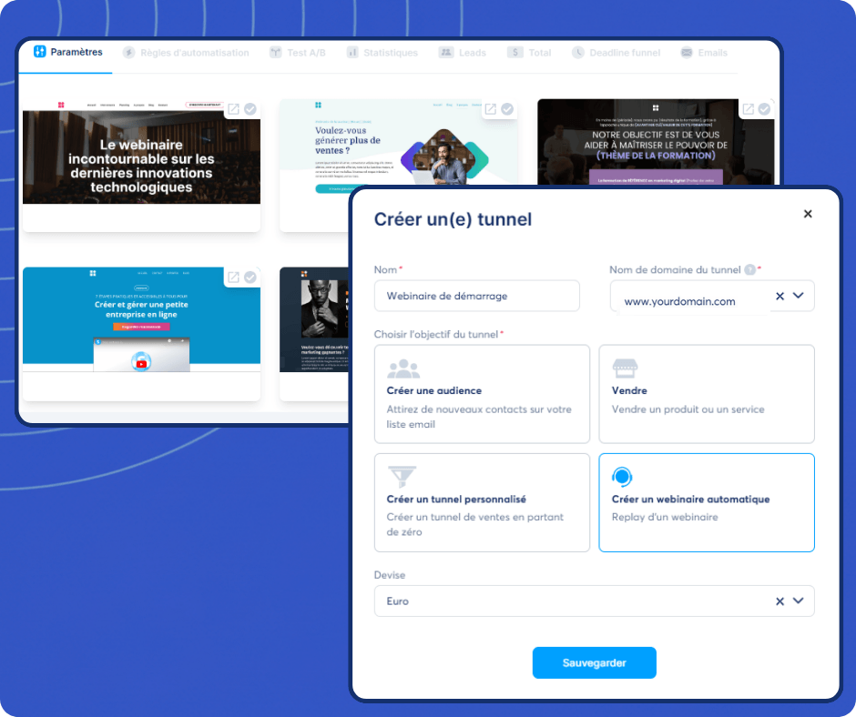 Create funnel interface in systeme.io with goal selection options, domain setup, and template previews for building marketing funnels.