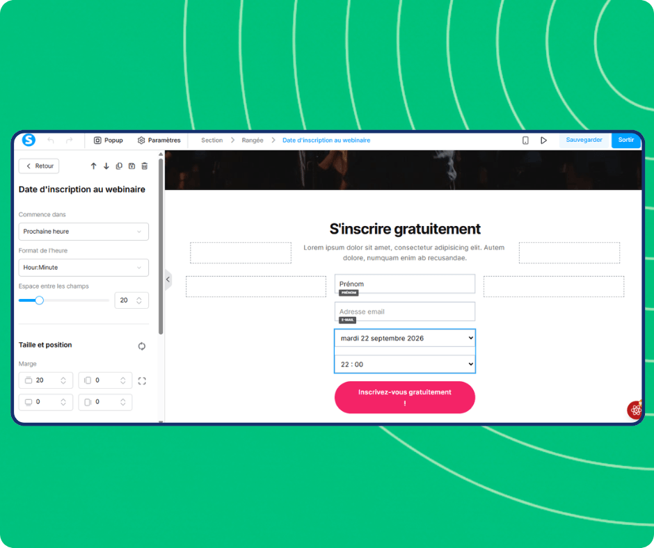 Webinar registration date editor in systeme.io with scheduled session selection, time formatting options, and customizable registration form for capturing attendee details.