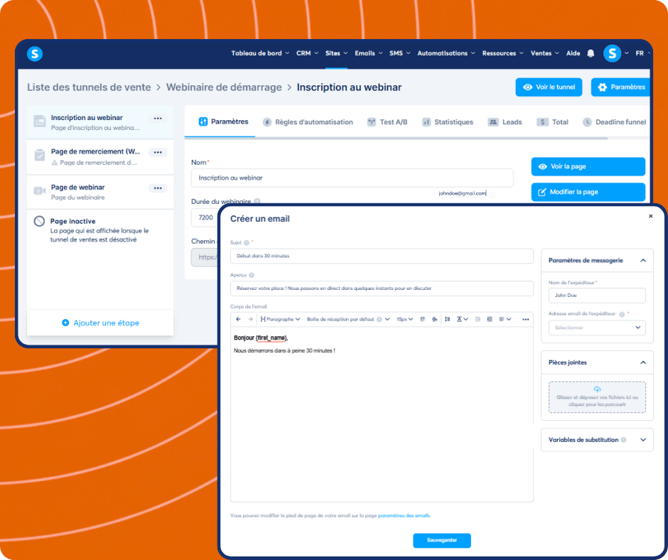 Webinar email editor in systeme.io with funnel step navigation, email content customization, scheduling settings, and automation-based trigger configuration.