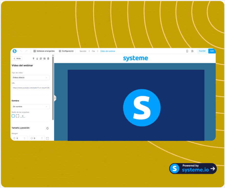 Webinar session video editor in systeme.io with direct link input, display customization, and page builder preview for embedding video content.