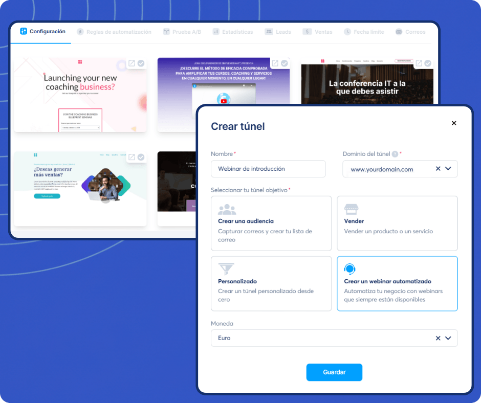 Create funnel interface in systeme.io with goal selection options, domain setup, and template previews for building marketing funnels.