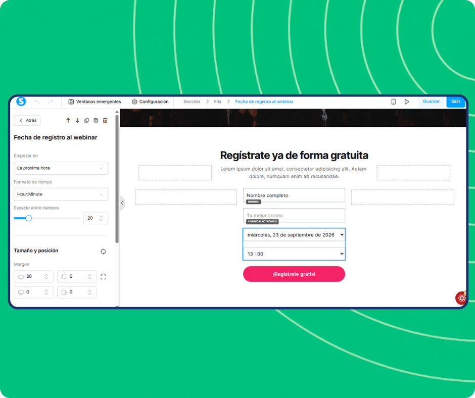 Webinar registration date editor in systeme.io with scheduled session selection, time formatting options, and customizable registration form for capturing attendee details.