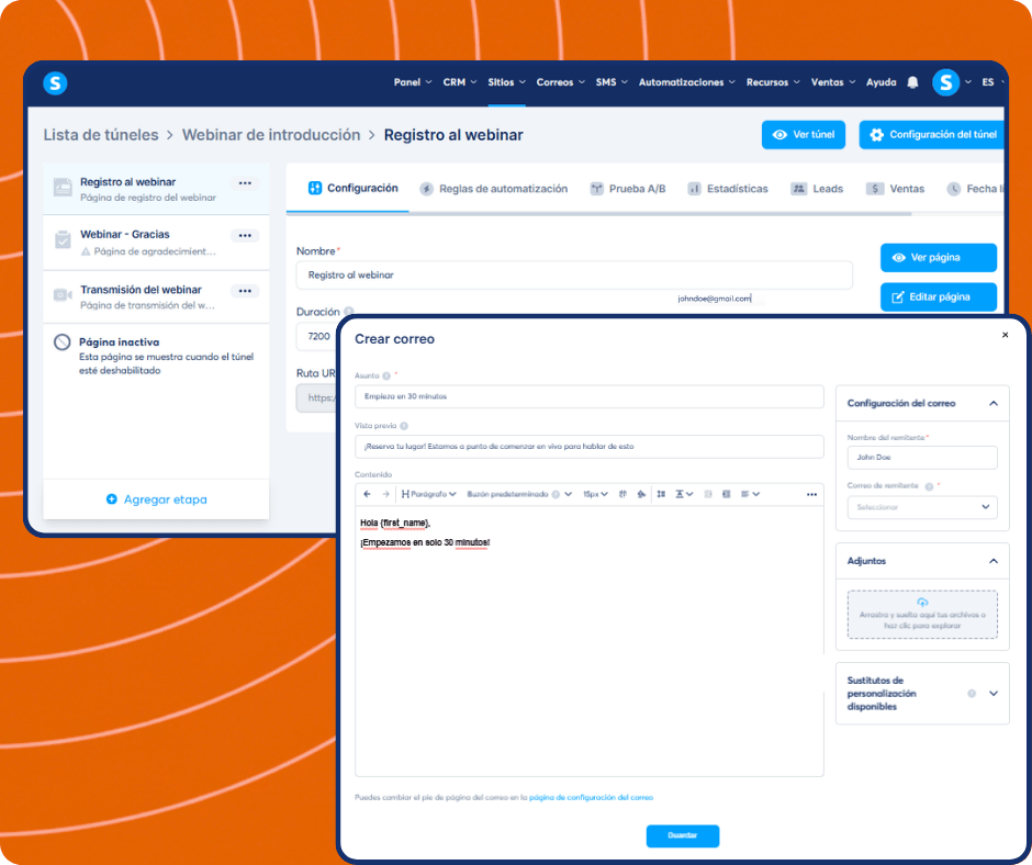 Webinar email editor in systeme.io with funnel step navigation, email content customization, scheduling settings, and automation-based trigger configuration.