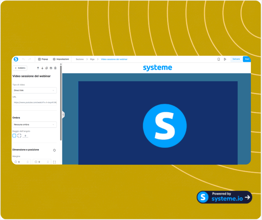 Webinar session video editor in systeme.io with direct link input, display customization, and page builder preview for embedding video content.