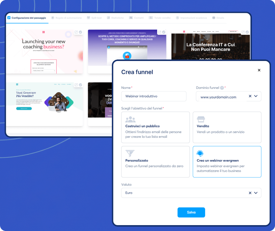 Create funnel interface in systeme.io with goal selection options, domain setup, and template previews for building marketing funnels.