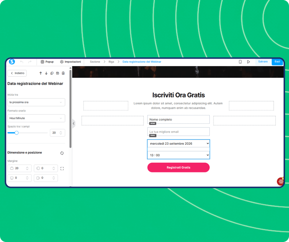 Webinar registration date editor in systeme.io with scheduled session selection, time formatting options, and customizable registration form for capturing attendee details.