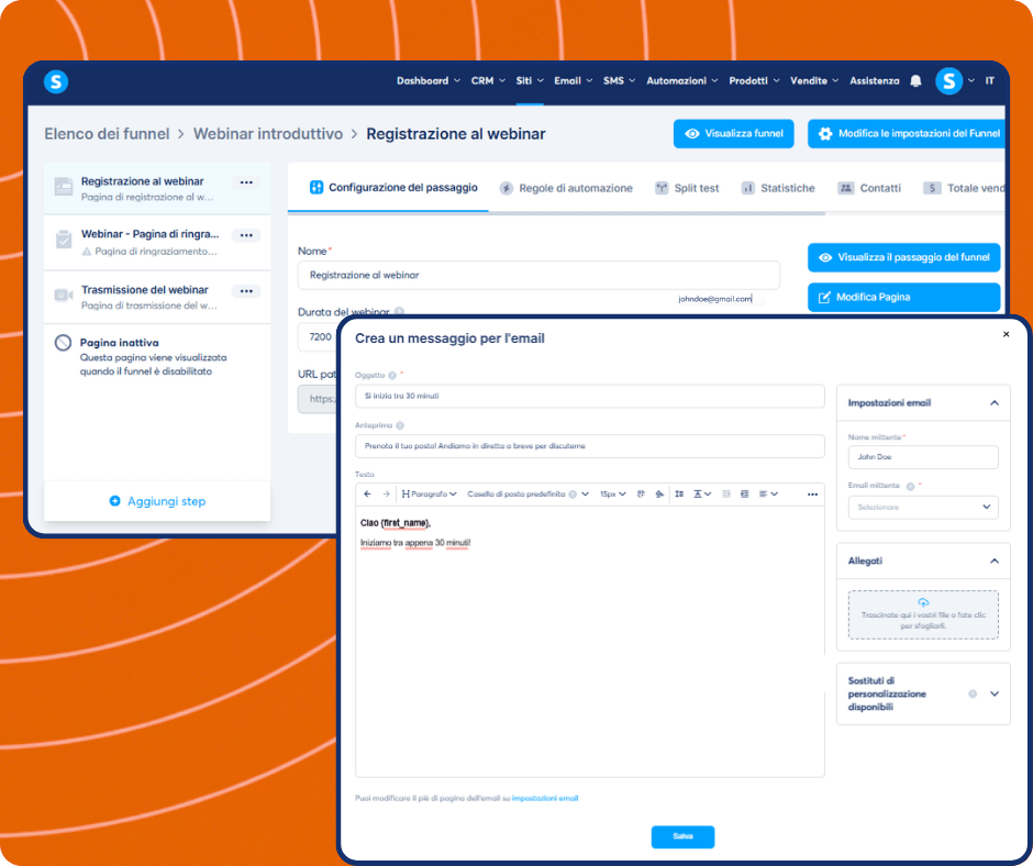 Webinar email editor in systeme.io with funnel step navigation, email content customization, scheduling settings, and automation-based trigger configuration.