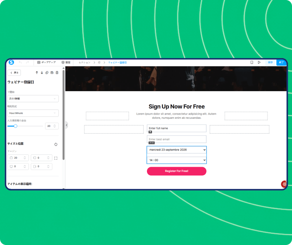 Webinar registration date editor in systeme.io with scheduled session selection, time formatting options, and customizable registration form for capturing attendee details.