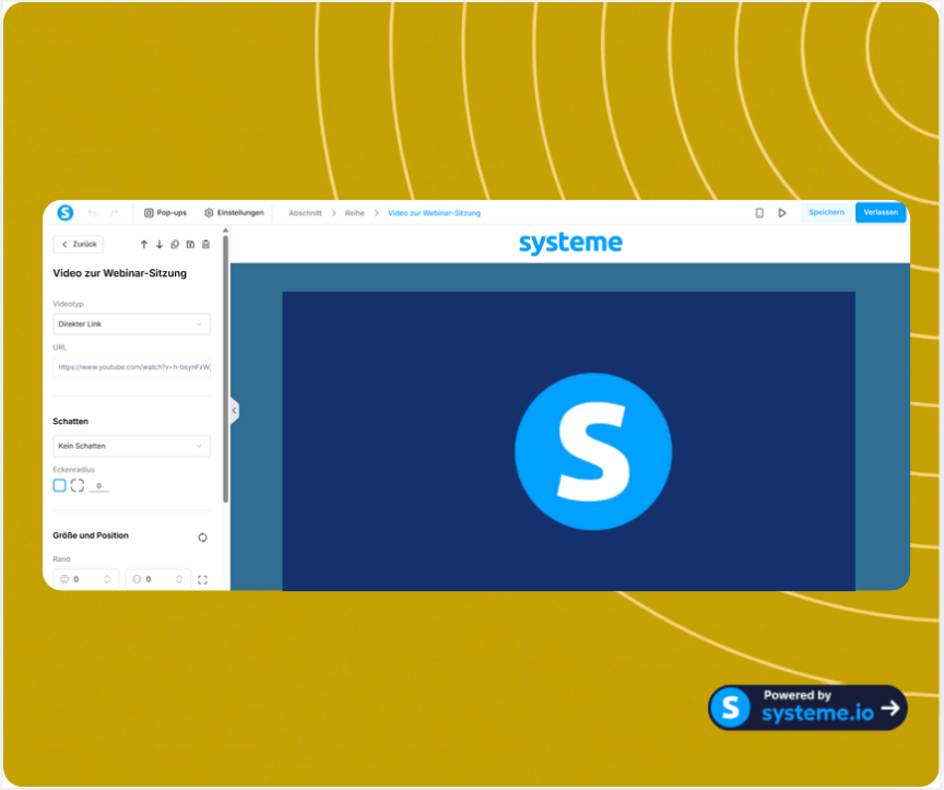 Webinar session video editor in systeme.io with direct link input, display customization, and page builder preview for embedding video content.