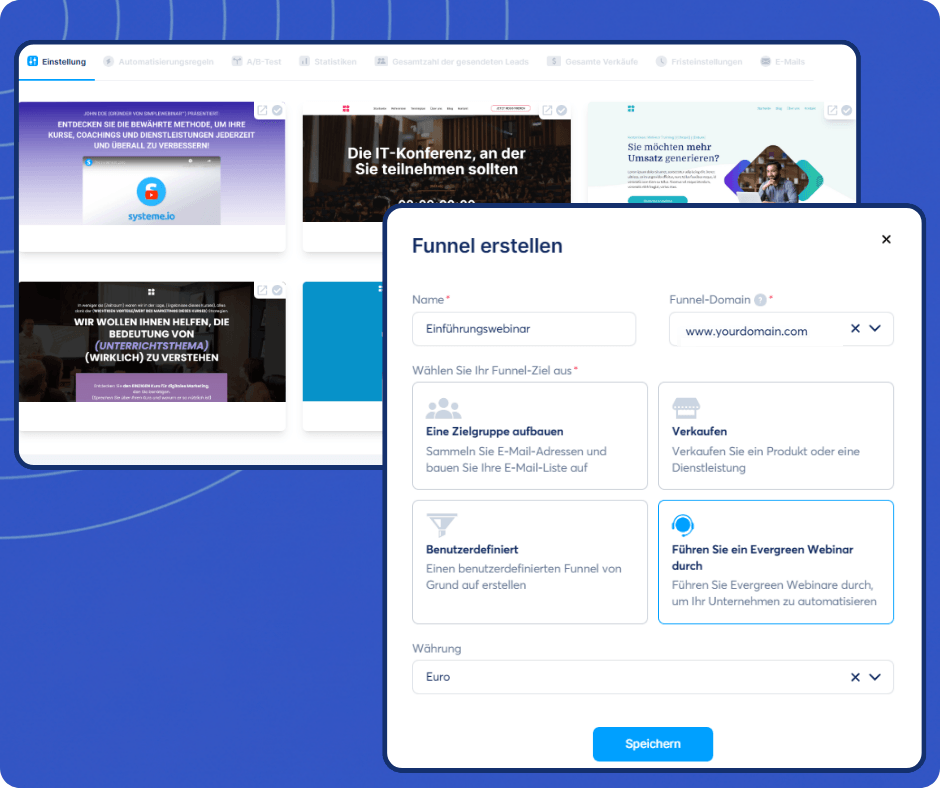 Create funnel interface in systeme.io with goal selection options, domain setup, and template previews for building marketing funnels.