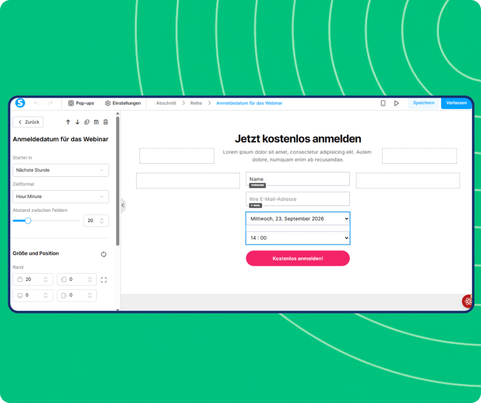 Webinar registration date editor in systeme.io with scheduled session selection, time formatting options, and customizable registration form for capturing attendee details.