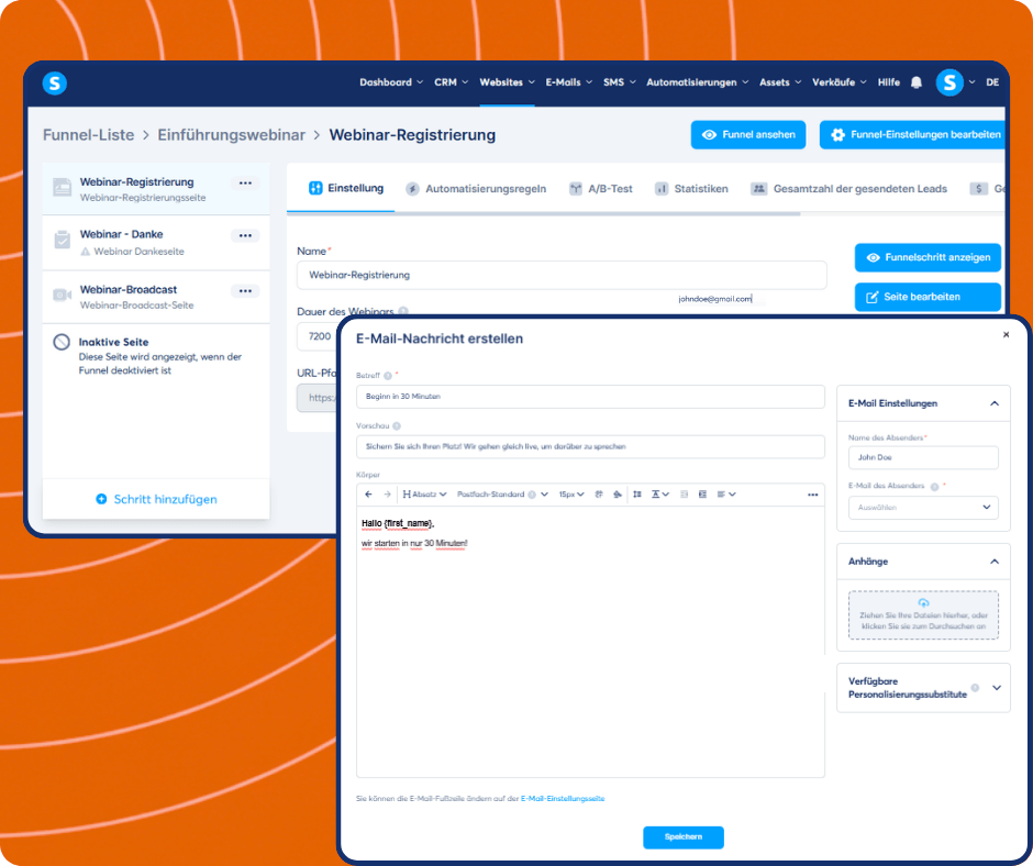 Webinar email editor in systeme.io with funnel step navigation, email content customization, scheduling settings, and automation-based trigger configuration.