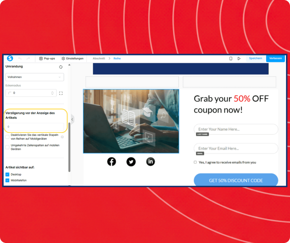Popup editor in systeme.io with display delay settings, visual customization options, and lead capture form for promoting discounts and collecting emails.