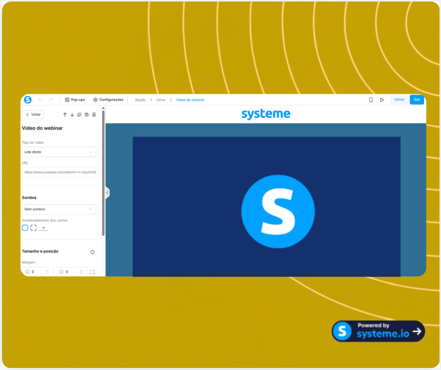 Webinar session video editor in systeme.io with direct link input, display customization, and page builder preview for embedding video content.