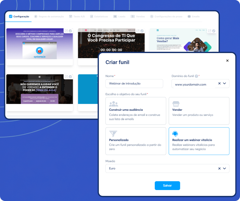 Create funnel interface in systeme.io with goal selection options, domain setup, and template previews for building marketing funnels.