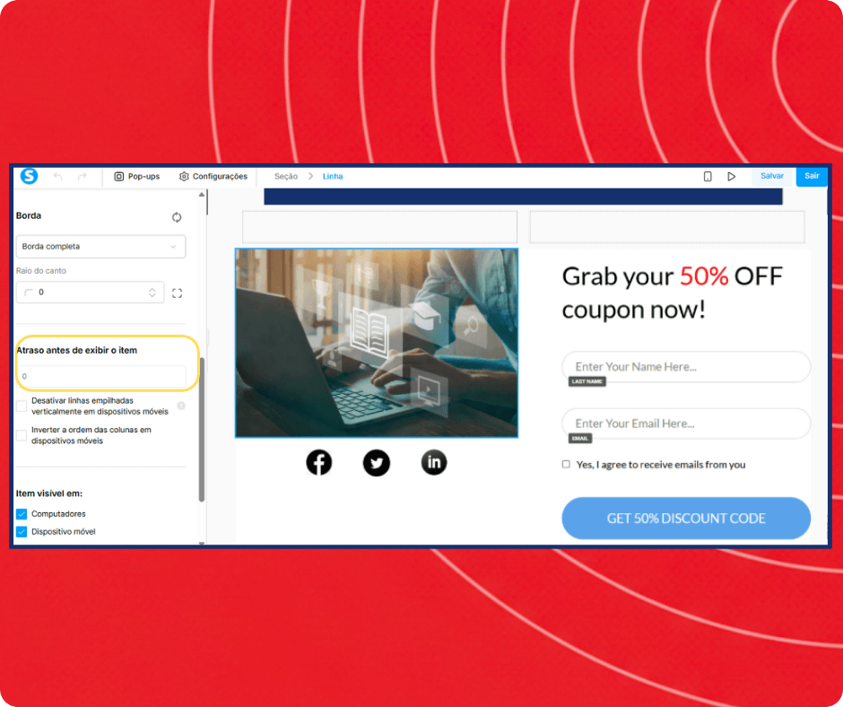 Popup editor in systeme.io with display delay settings, visual customization options, and lead capture form for promoting discounts and collecting emails.