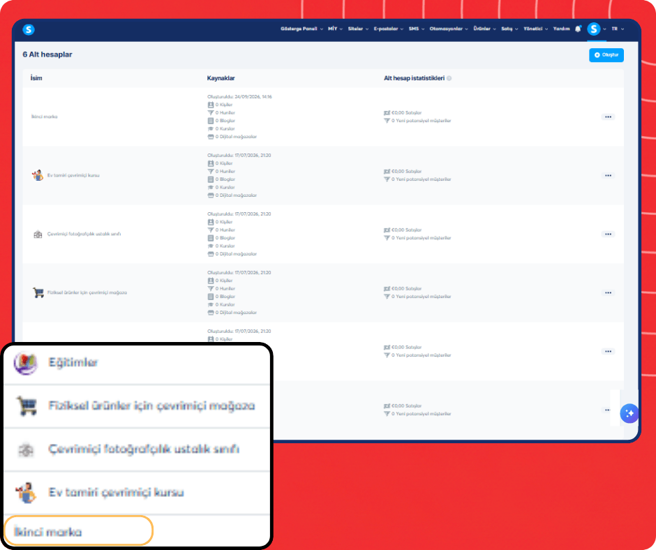 Sub-account switching interface in systeme.io showing multiple workspaces with the ability to manage and switch between different business accounts.