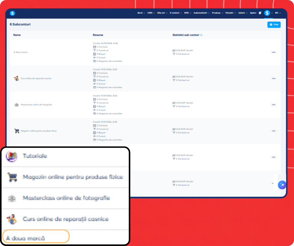 Sub-account switching interface in systeme.io showing multiple workspaces with the ability to manage and switch between different business accounts.