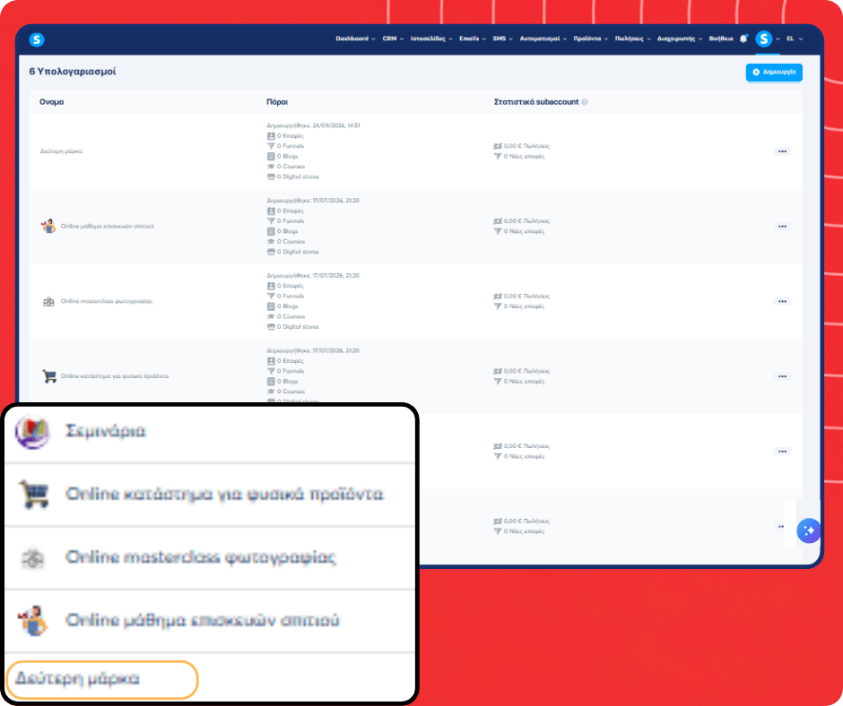 Sub-account switching interface in systeme.io showing multiple workspaces with the ability to manage and switch between different business accounts.