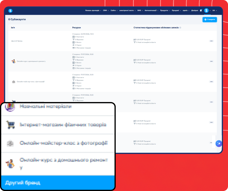 Sub-account switching interface in systeme.io showing multiple workspaces with the ability to manage and switch between different business accounts.