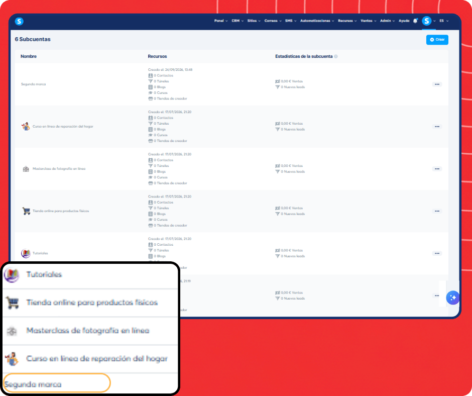 Sub-account switching interface in systeme.io showing multiple workspaces with the ability to manage and switch between different business accounts.