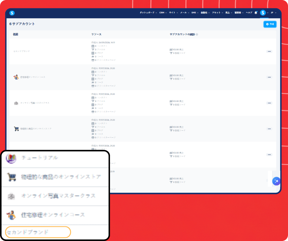Sub-account switching interface in systeme.io showing multiple workspaces with the ability to manage and switch between different business accounts.