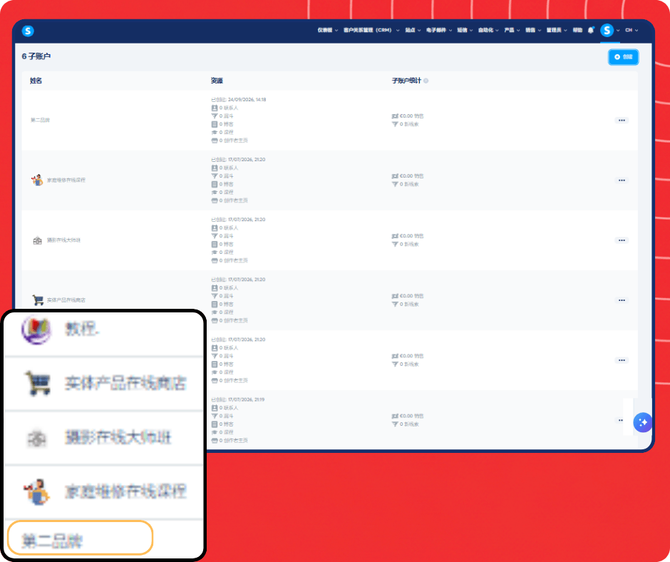 Sub-account switching interface in systeme.io showing multiple workspaces with the ability to manage and switch between different business accounts.