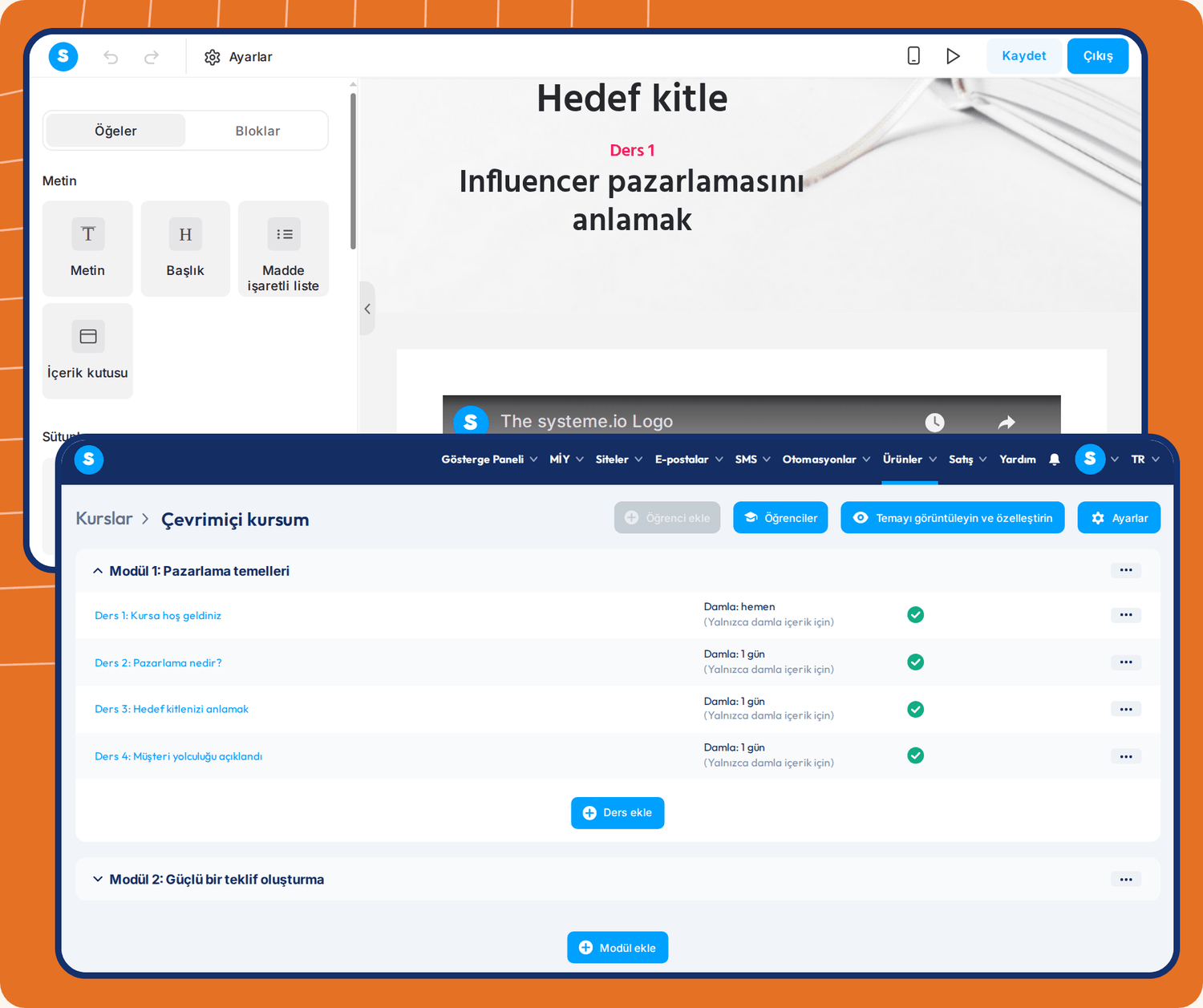 systeme.io course builder showing lesson editor, module structure, student management, and drip content scheduling for online courses