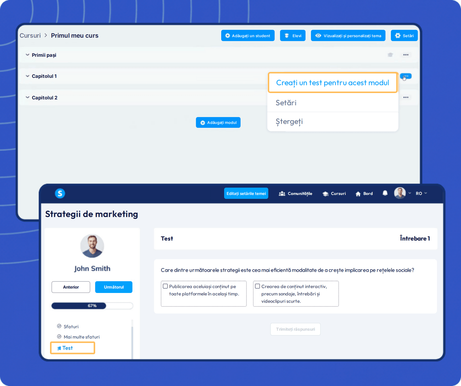 systeme.io course builder showing quiz creation for modules and student quiz interface with questions, answers, and progress tracking