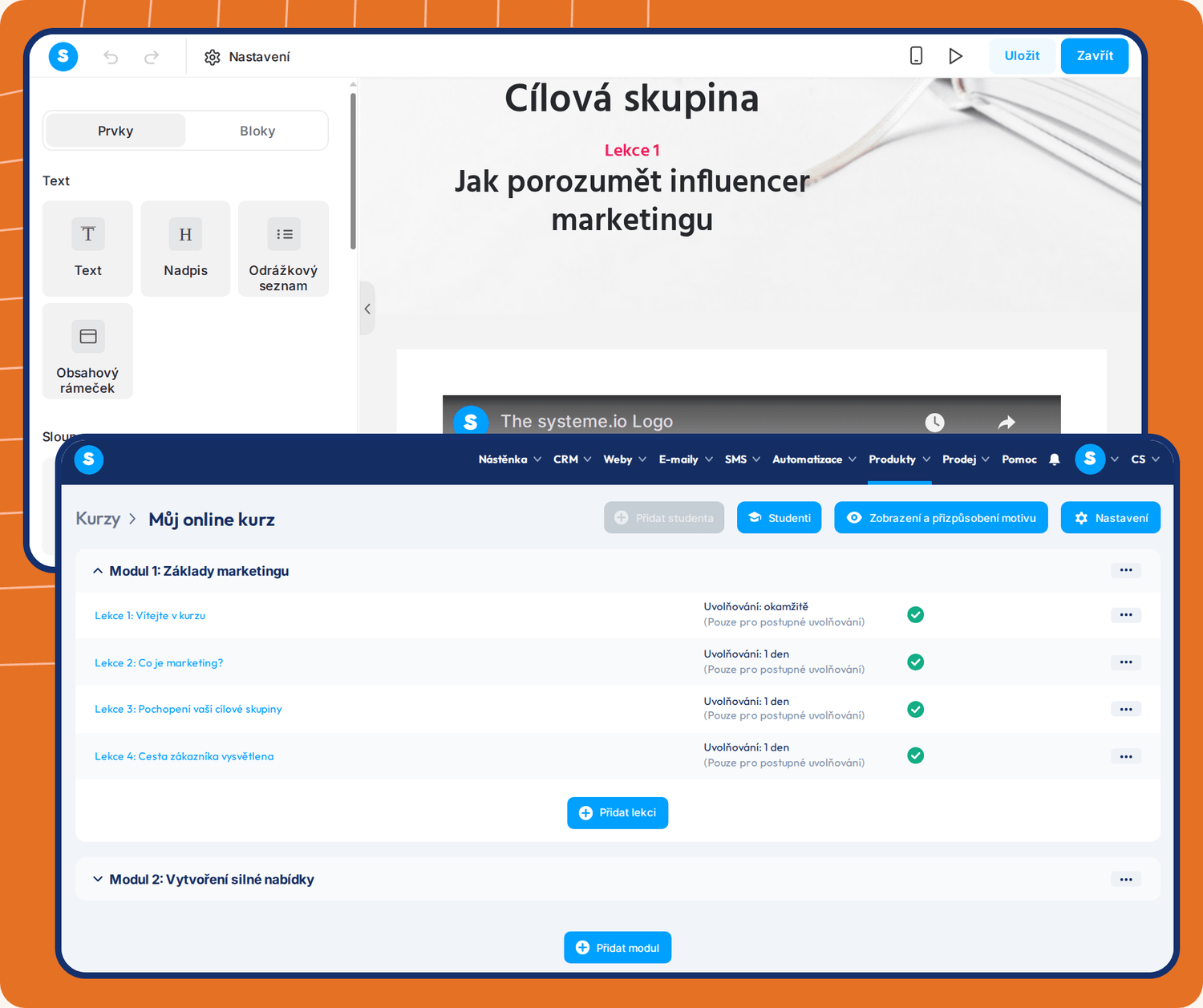 systeme.io course builder showing lesson editor, module structure, student management, and drip content scheduling for online courses