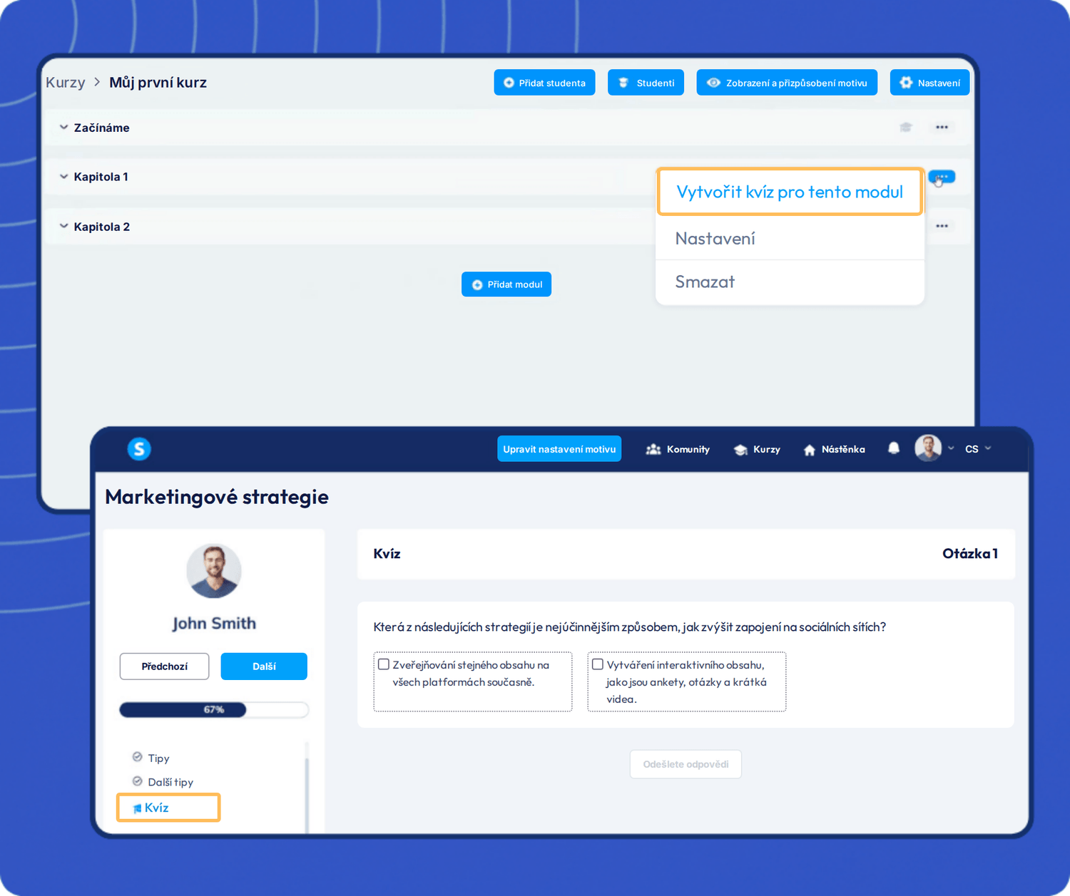 systeme.io course builder showing quiz creation for modules and student quiz interface with questions, answers, and progress tracking