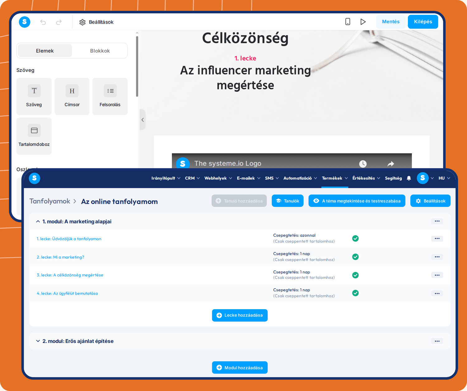 systeme.io course builder showing lesson editor, module structure, student management, and drip content scheduling for online courses