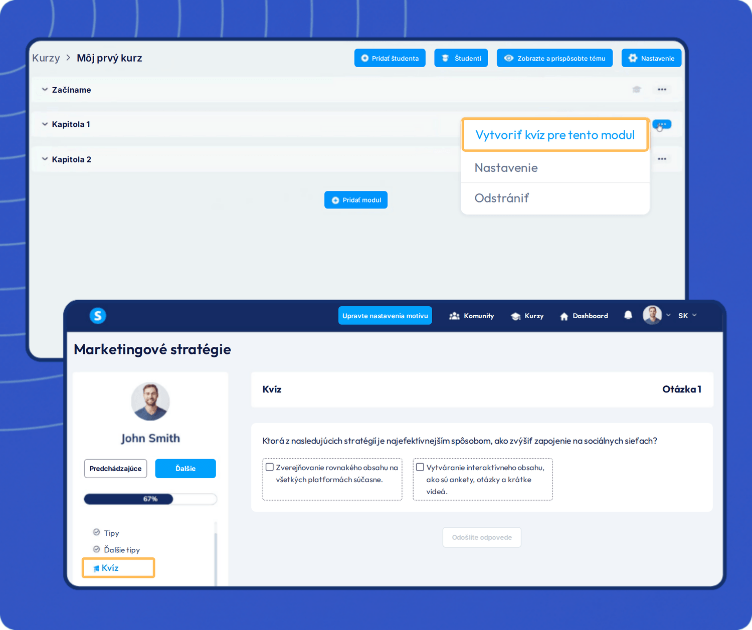 systeme.io course builder showing quiz creation for modules and student quiz interface with questions, answers, and progress tracking