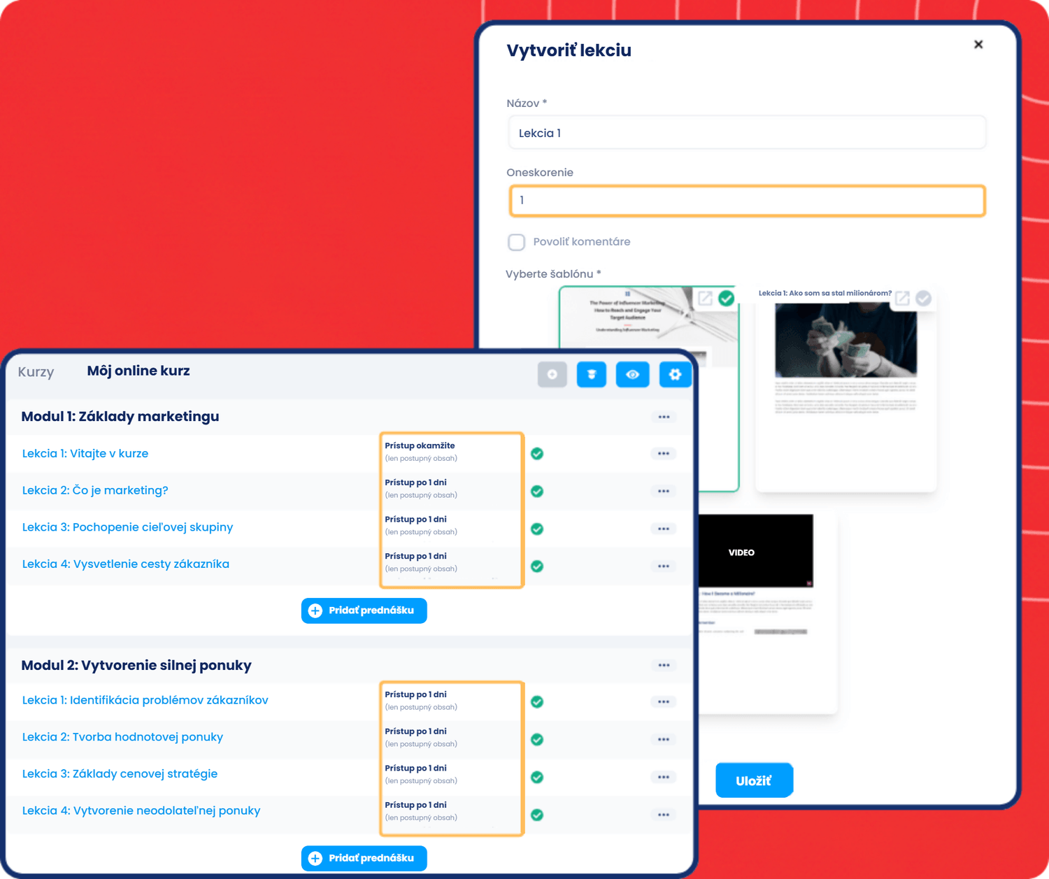 systeme.io course builder showing lecture creation, drip content delay settings, and module-based lesson scheduling for online courses