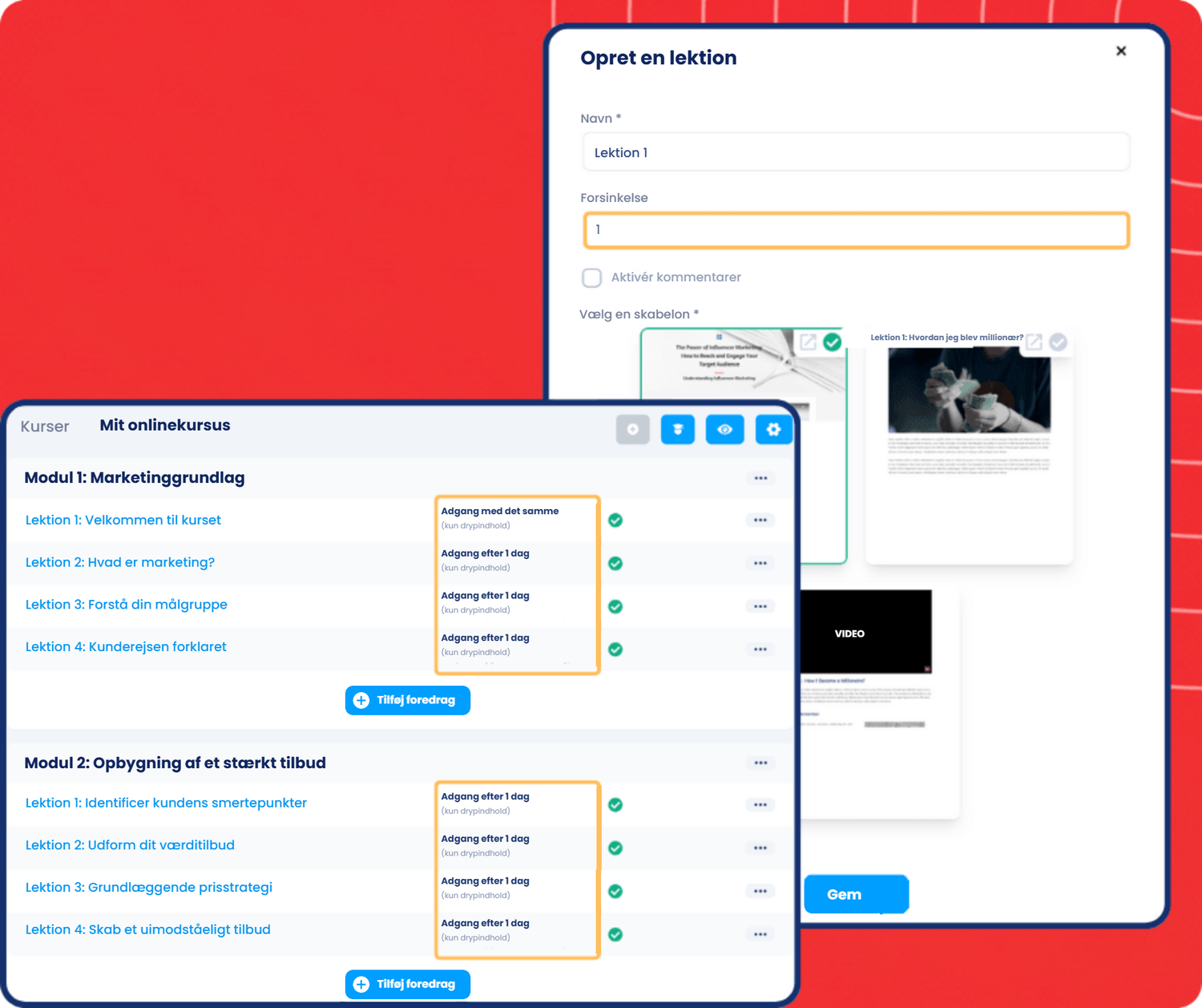 systeme.io course builder showing lecture creation, drip content delay settings, and module-based lesson scheduling for online courses