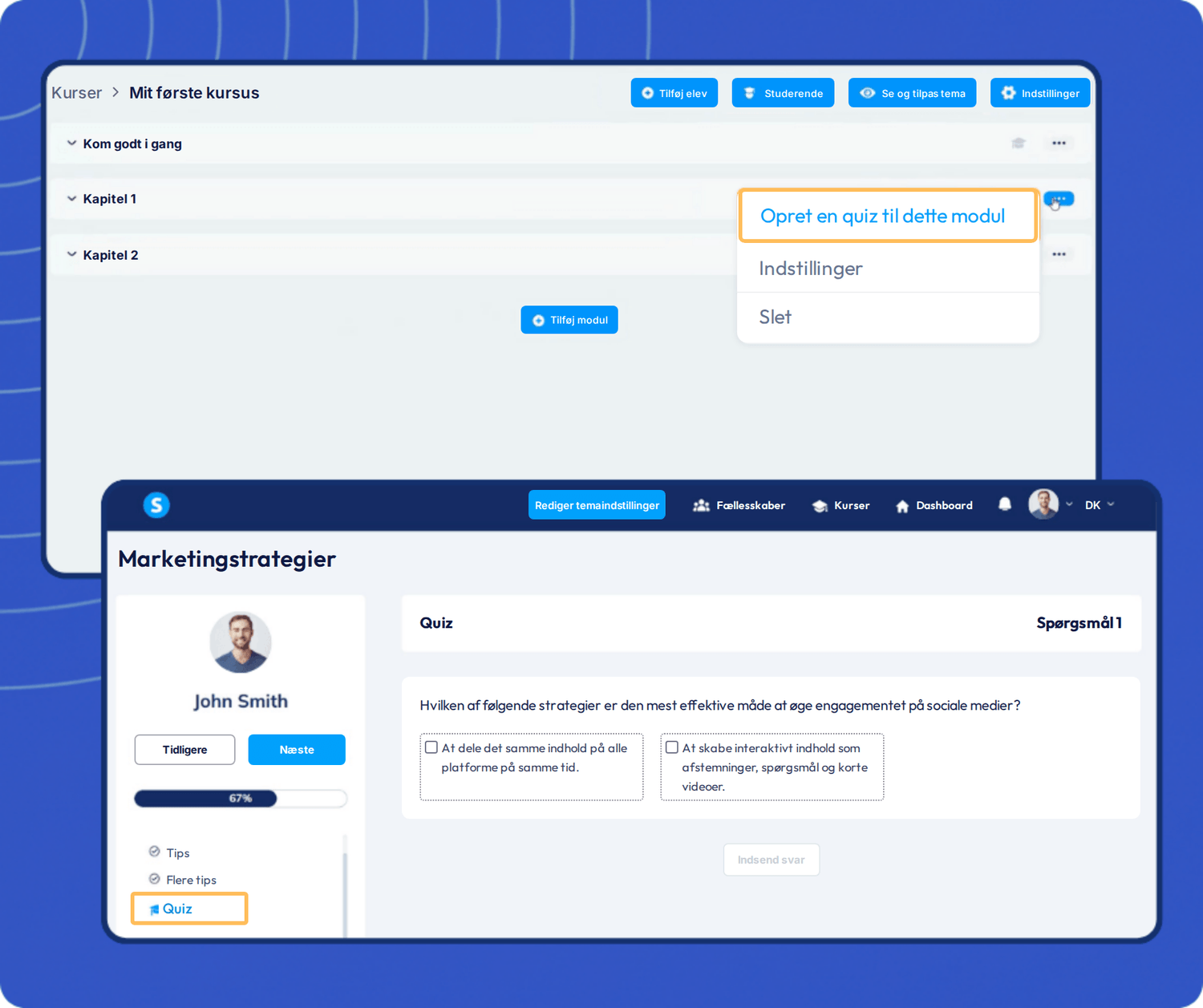 systeme.io course builder showing quiz creation for modules and student quiz interface with questions, answers, and progress tracking