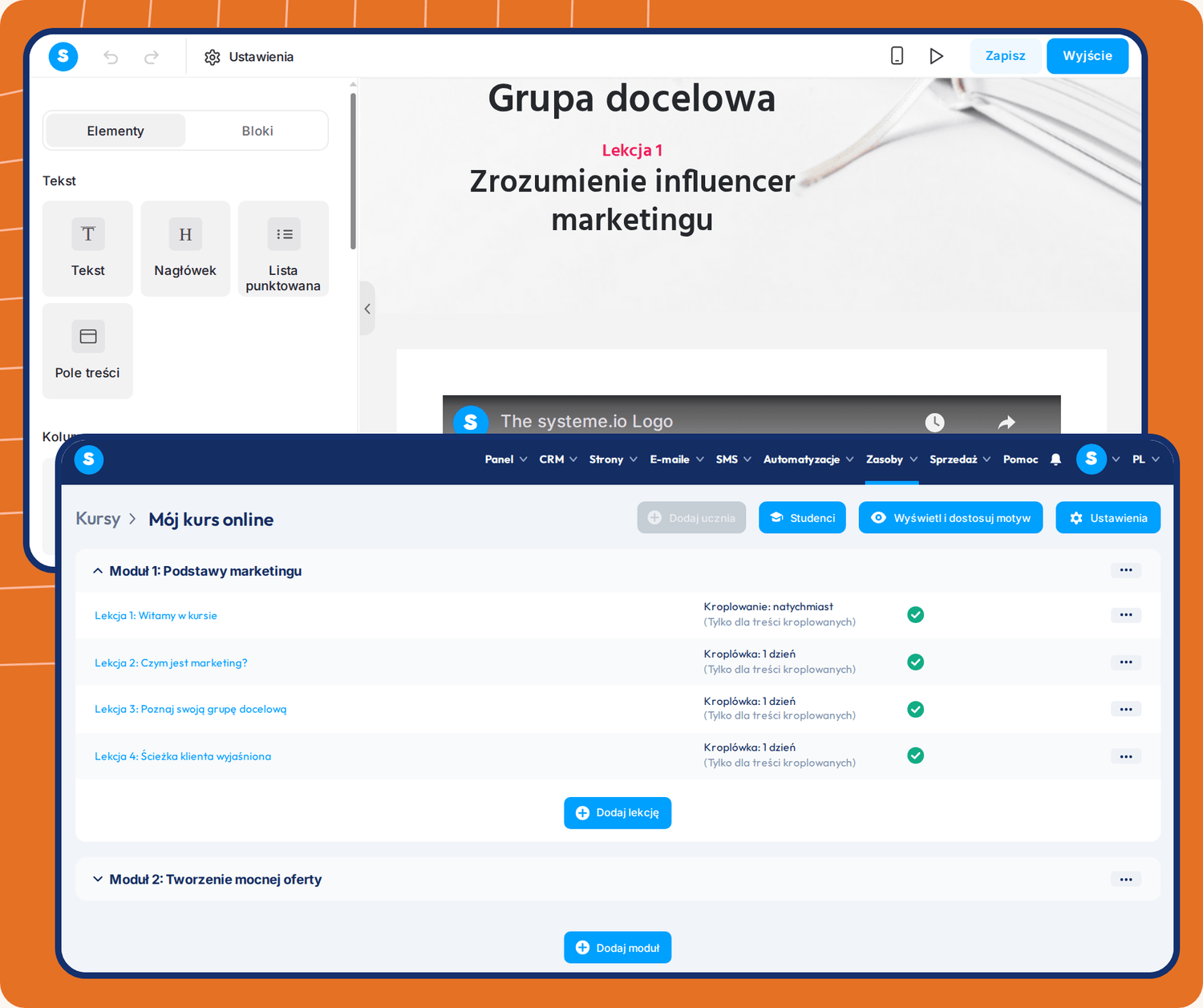 systeme.io course builder showing lesson editor, module structure, student management, and drip content scheduling for online courses