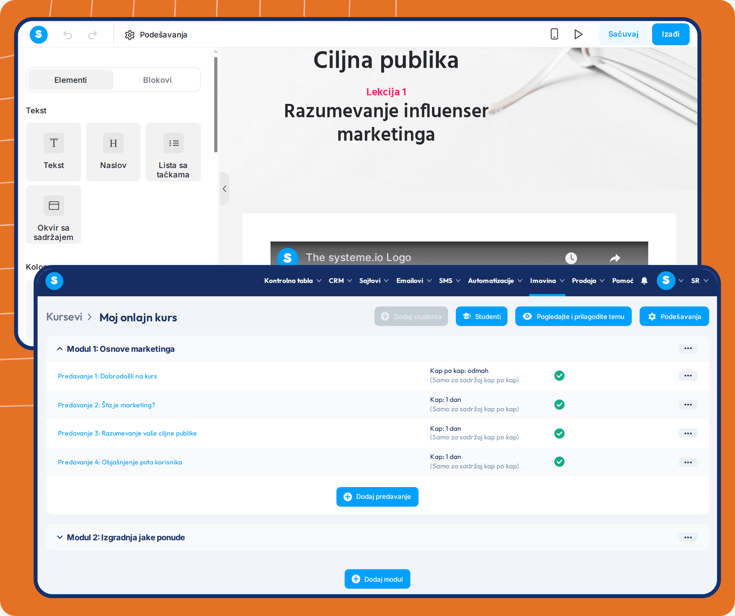 systeme.io course builder showing lesson editor, module structure, student management, and drip content scheduling for online courses