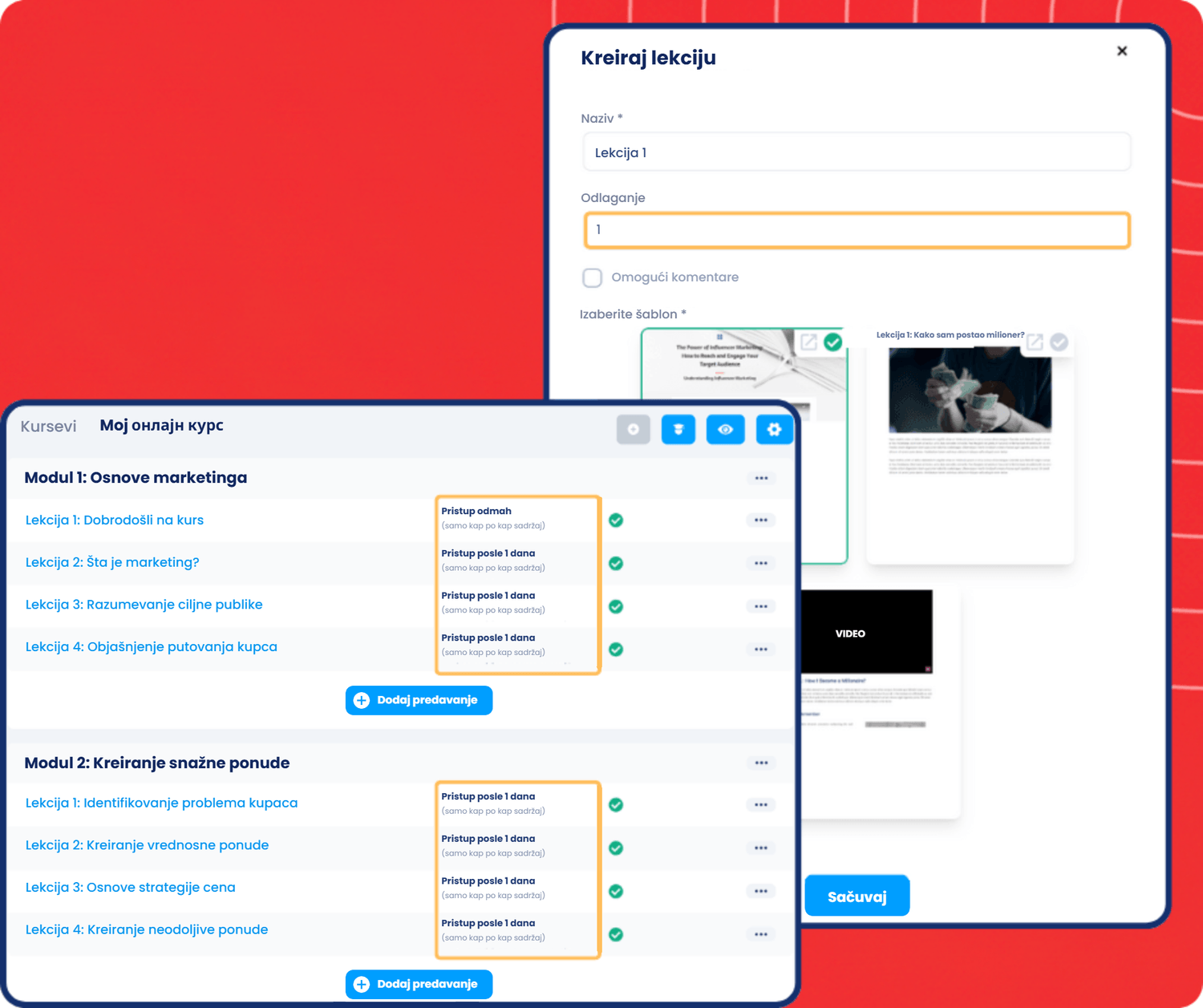 systeme.io course builder showing lecture creation, drip content delay settings, and module-based lesson scheduling for online courses