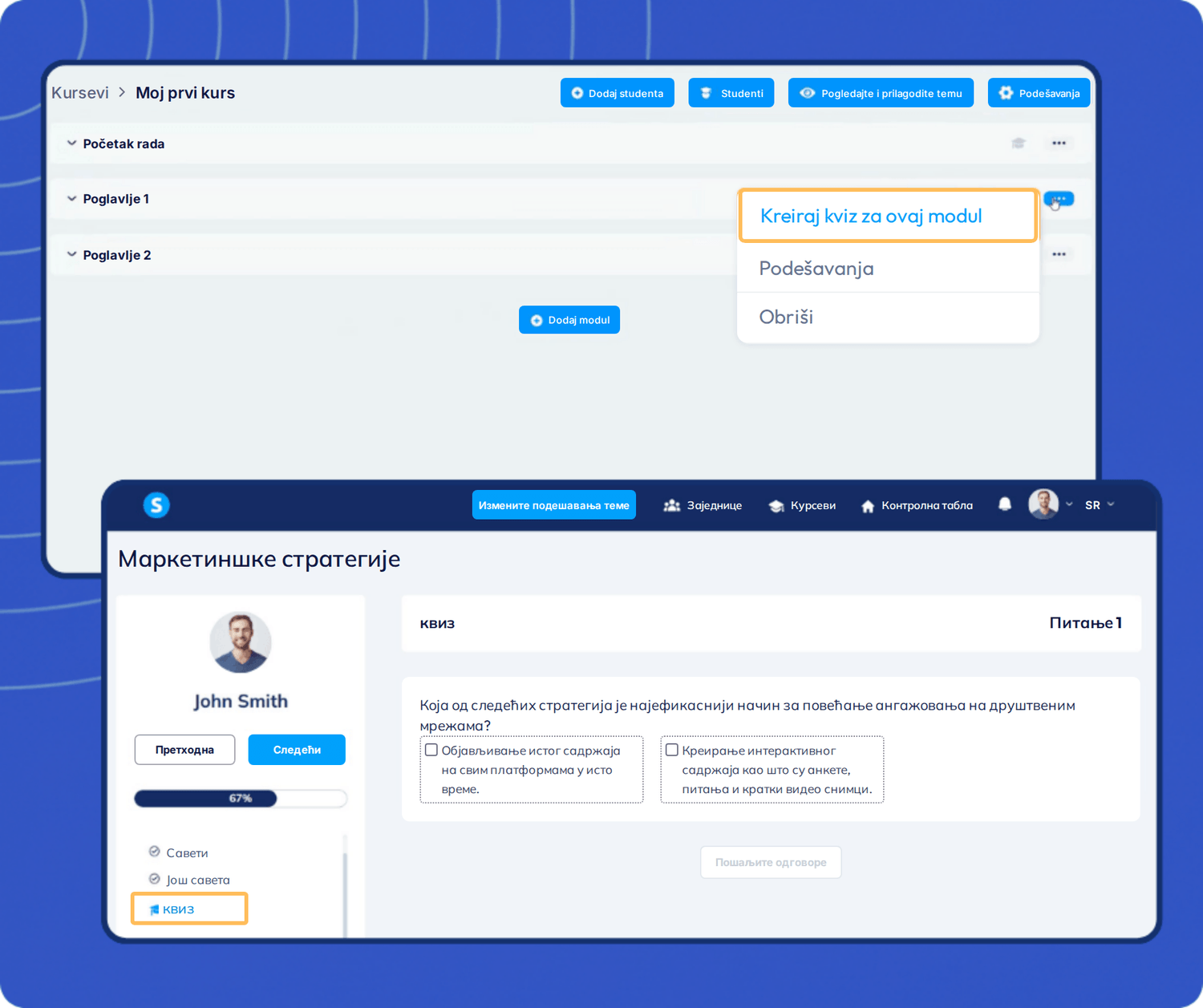 systeme.io course builder showing quiz creation for modules and student quiz interface with questions, answers, and progress tracking